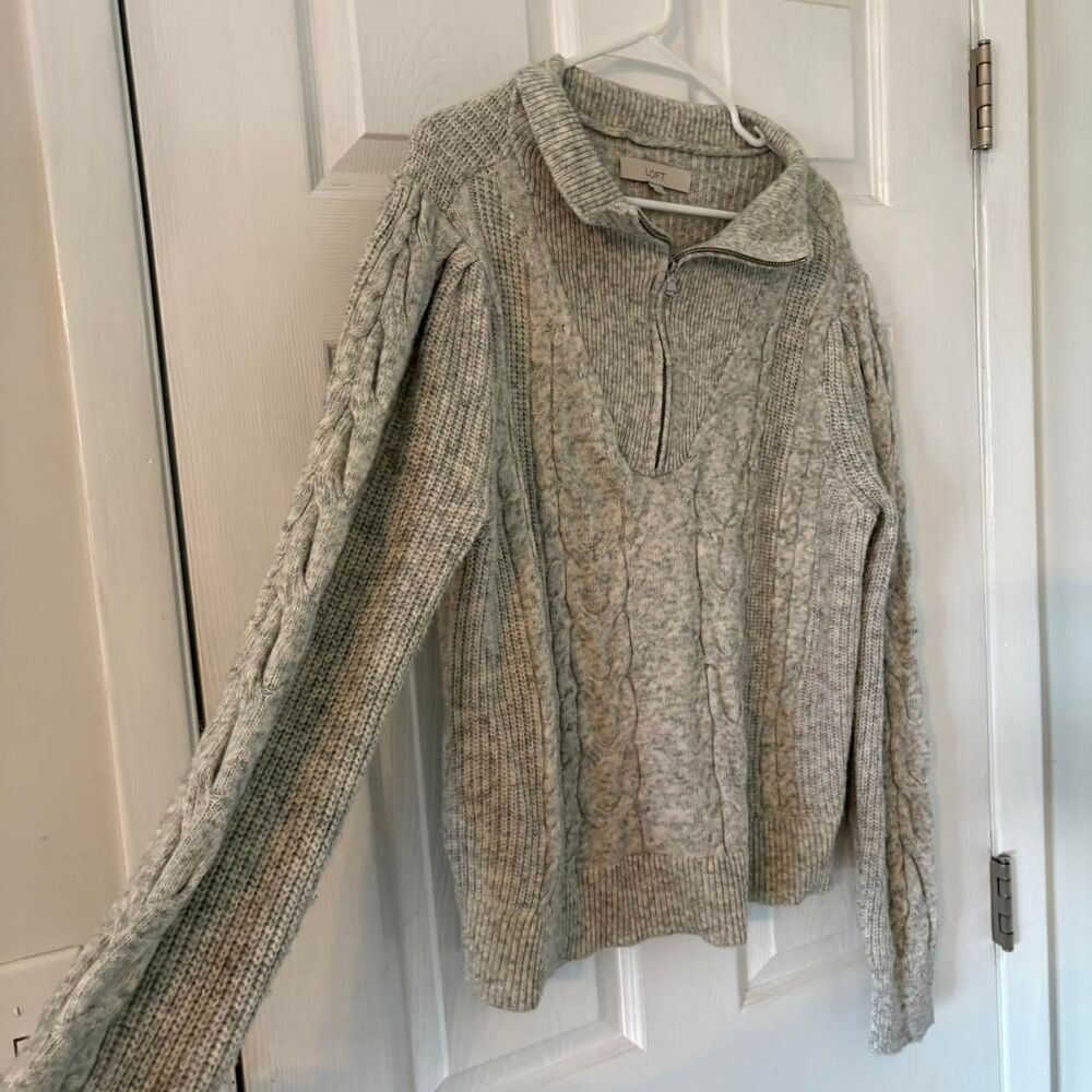 LOFT Cable Knit Quarter Zip Sweater Gray Cozy Preppy Cottagecore Large - Picture 4 of 6